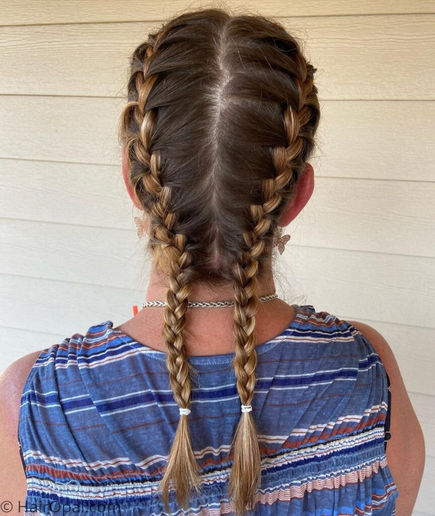 Double French braids hairstyle for long hair at camp