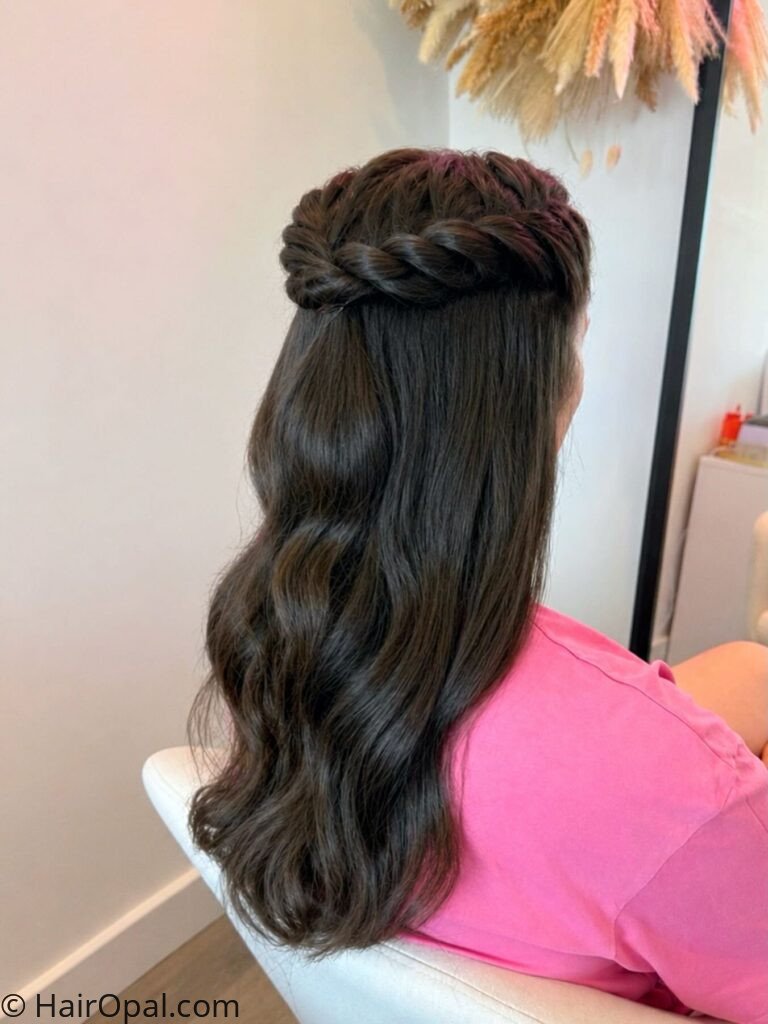 Child's braided crown hairstyle decorated with mini star hair clips