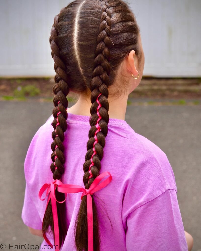 Classic three-strand braid with red, white, and blue ribbon braided