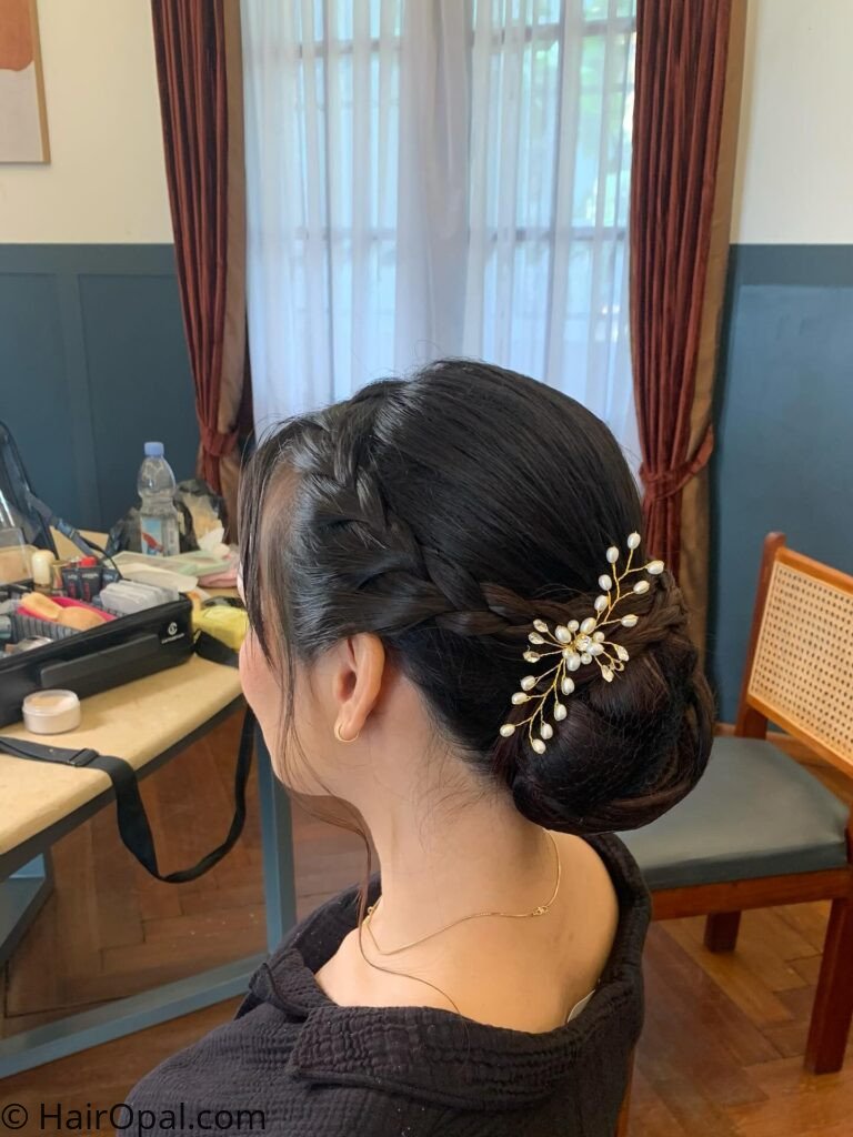 Sleek low bun hairstyle with star-shaped bobby pins tucked around the edges