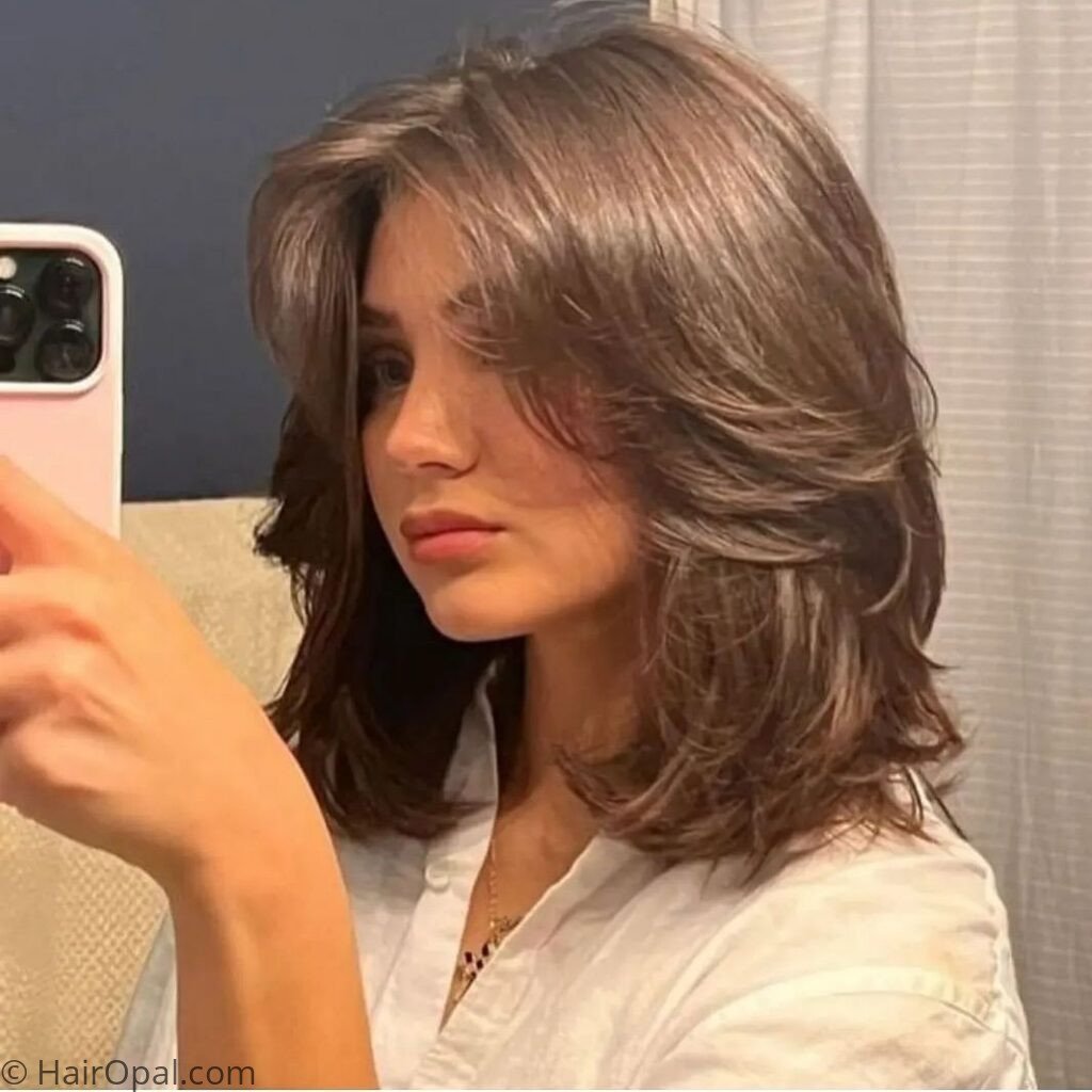 Short hair styled in a half-up look with a bandana twisted into the front section