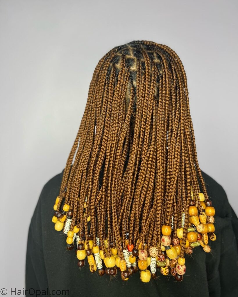 Box braids finished with red, white, and blue hair beads