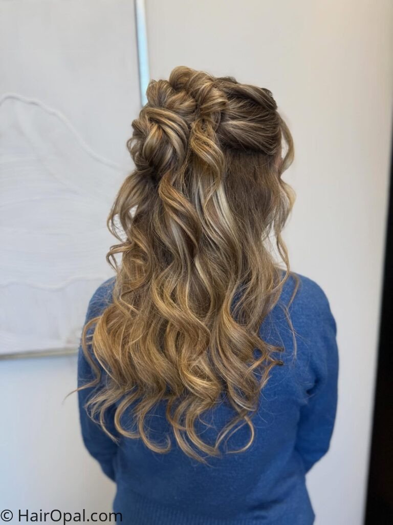 Half-up half-down hairstyle decorated with small gold star hair clips