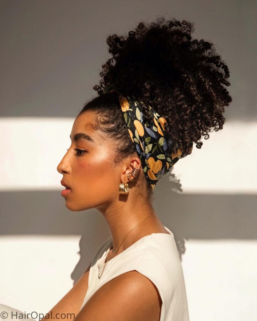 Curly hair styled in a pineapple updo for camp
