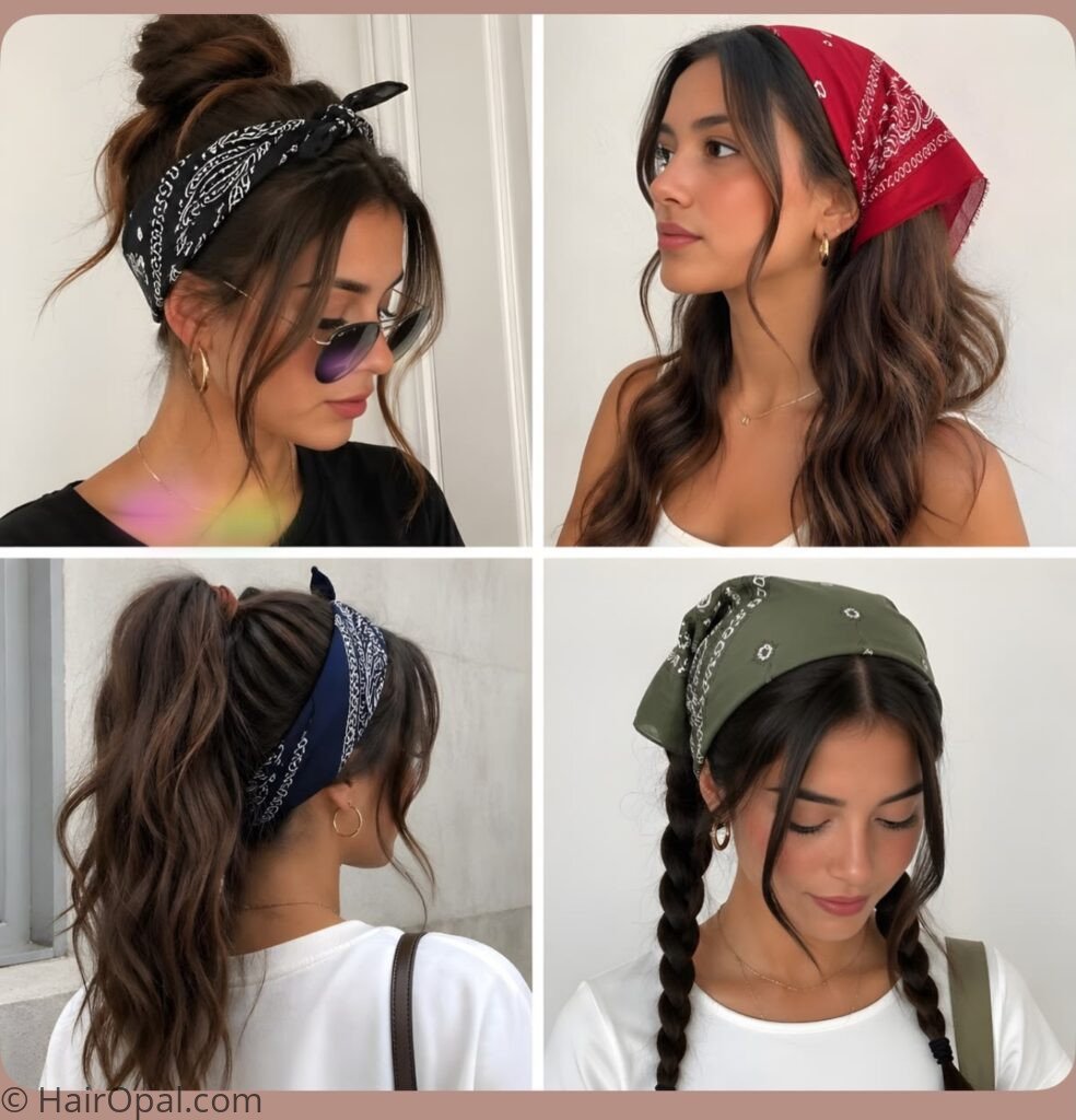 Loose beachy waves styled with a red bandana tied as a headband
