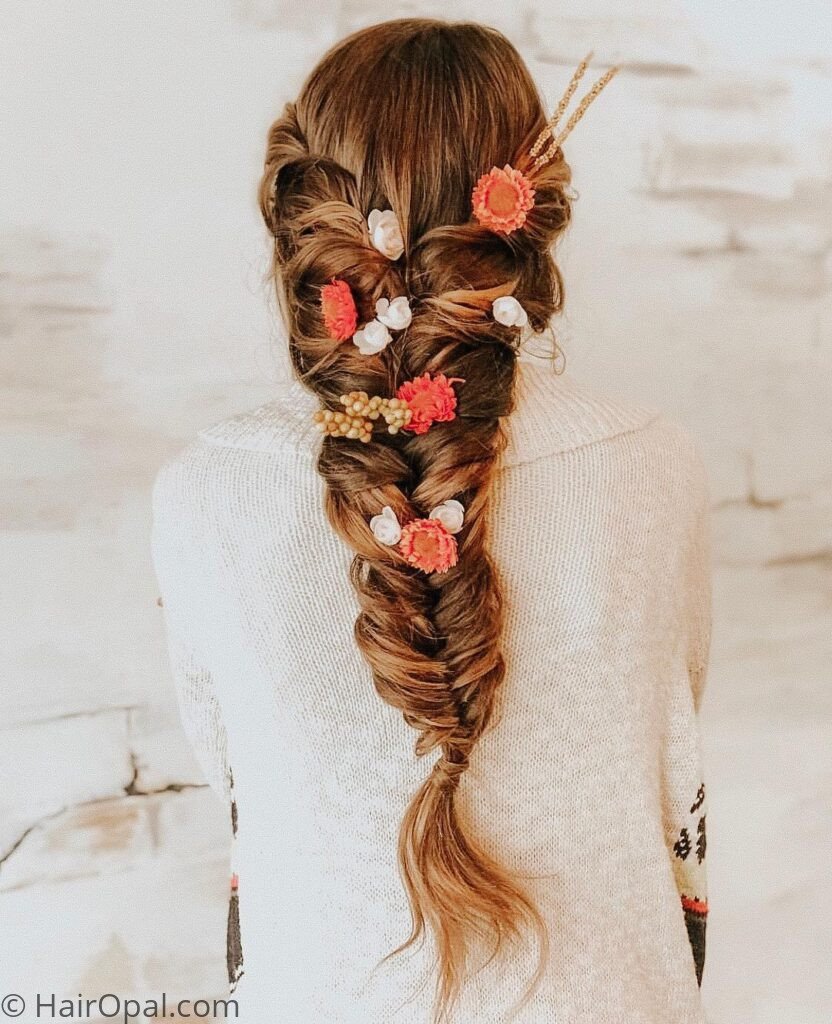 Fishtail braid with a thin blue ribbon braided alongside the hair
