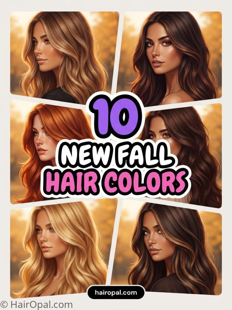 Grid collage of new fall hair colors including caramel blonde, copper red, brunette, and chestnut brown