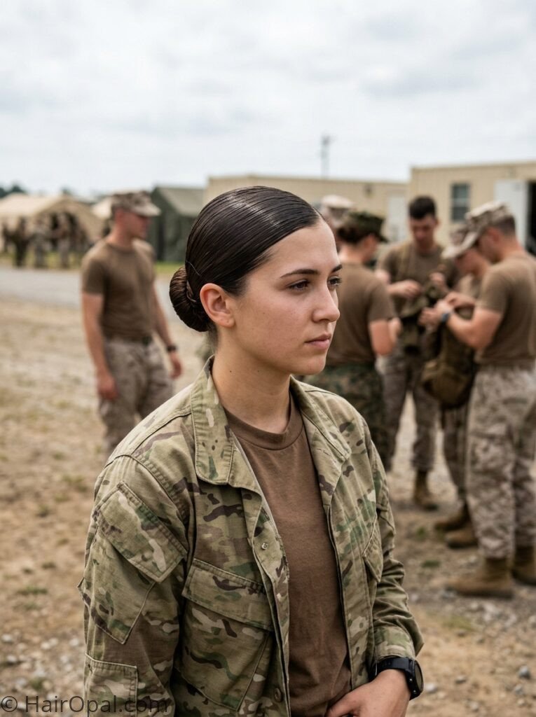 Slicked back bun hairstyle for boot camp