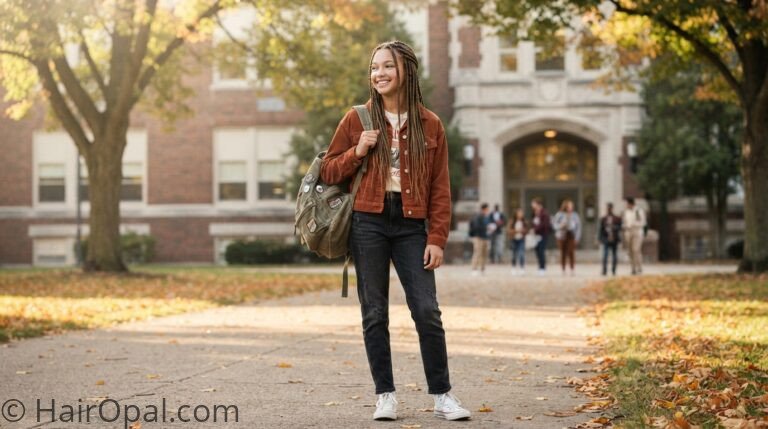 Teen girl with knotless braids as a 9th grade back to school hairstyle outside a high school