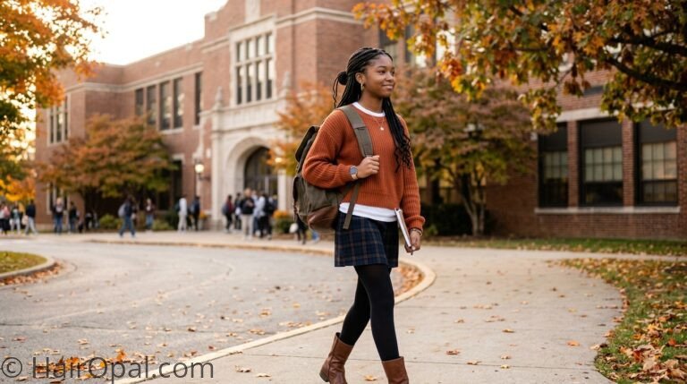 Collage of four back to school hairstyles for Black women including knotless braids, natural puff, cornrows, and protective wig