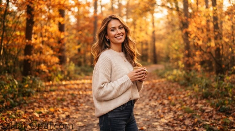 Woman with warm caramel brown fall hair color standing outdoors in autumn leaves