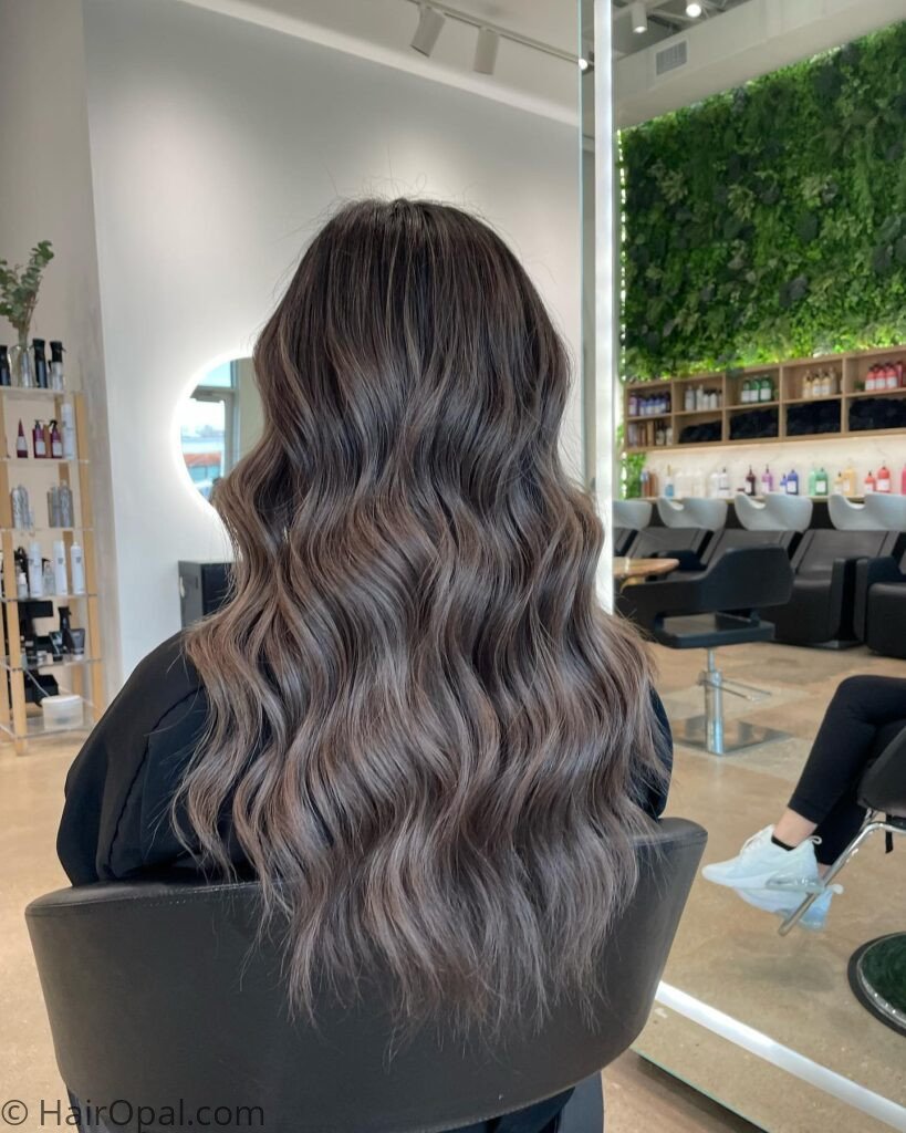 Woman with mushroom brown hair color with warm fall undertones