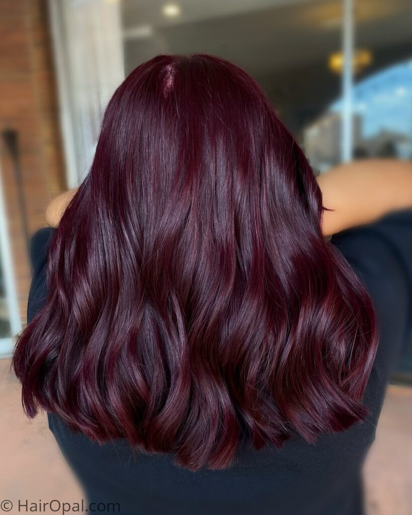 Woman with burgundy tinted brunette hair color for fall