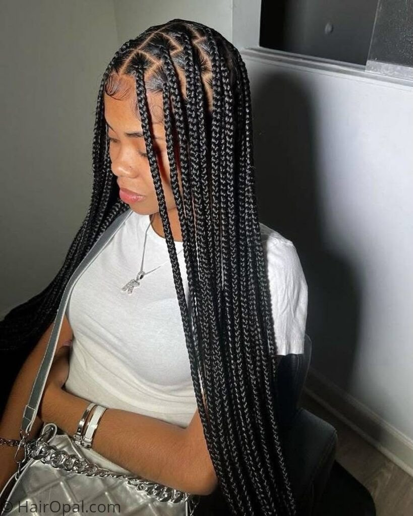 Teen girl with knotless box braids as a 9th grade back to school hairstyle