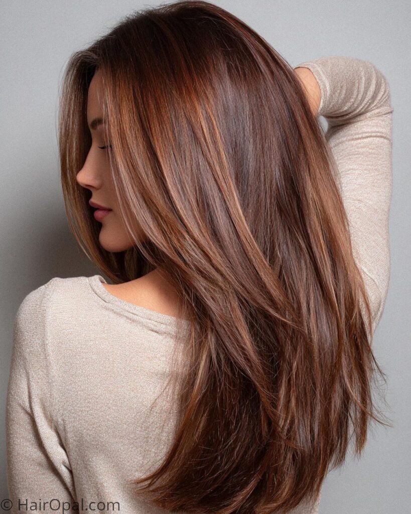 Woman with rich brunette hair and auburn highlight fall color