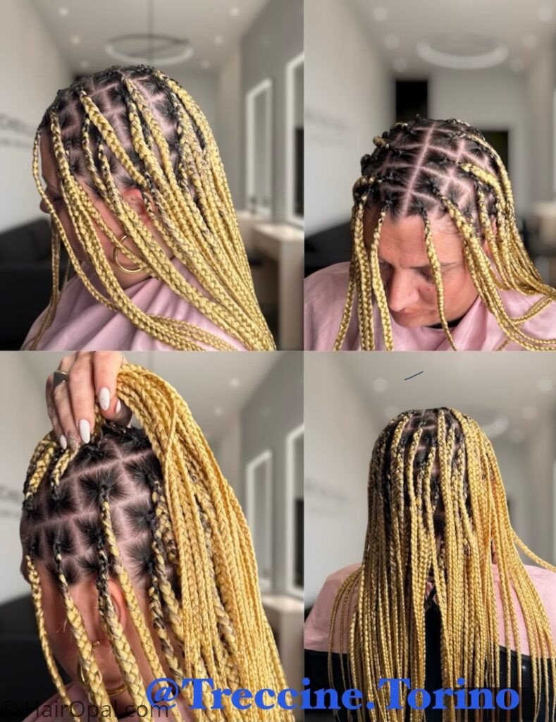 Black teen girl with medium-length knotless box braids as a back to school hairstyle