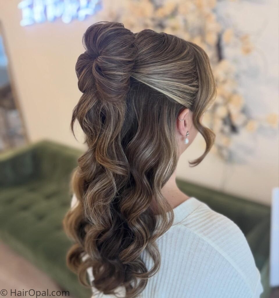 Half up bun hairstyle with bangs and flowing ponytail