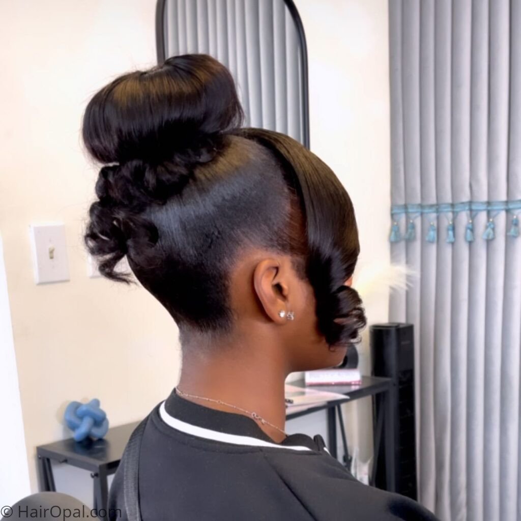  Donut bun hairstyle with a ponytail wrapped around the base 