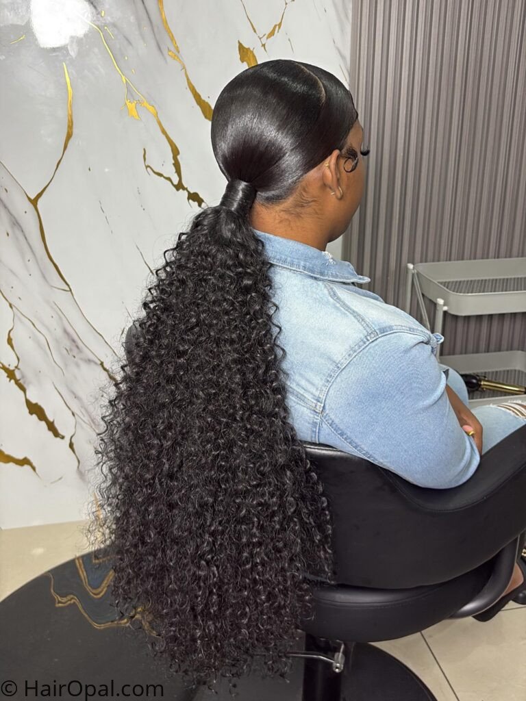 Curly hair styled in a half bun half ponytail combo 

