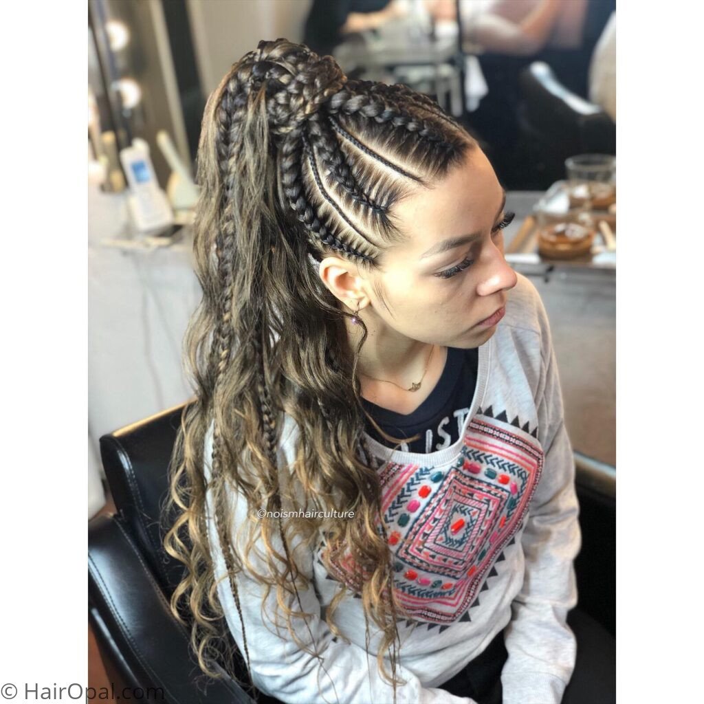 Braided ponytail with a bun base hairstyle