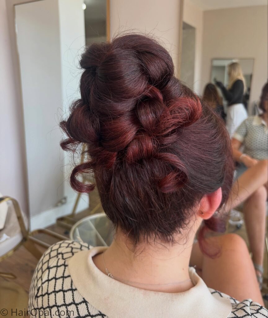 Burgundy hair color in a half bun half ponytail hairstyle