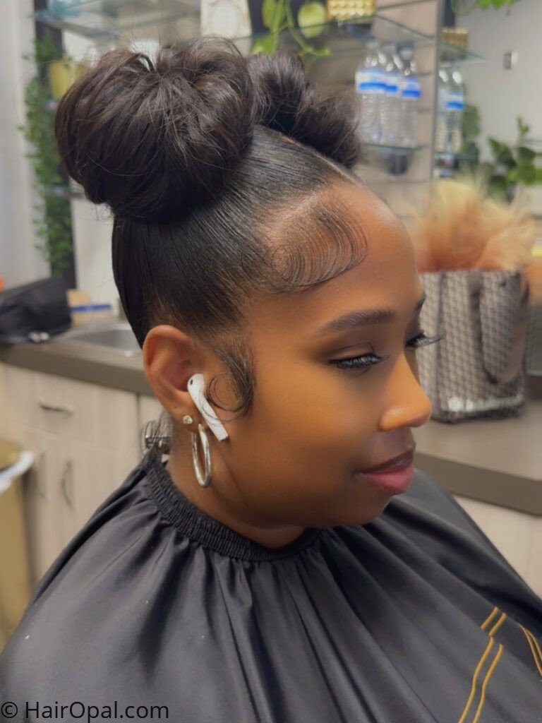 Woman with two space buns and ponytail tails hairstyle