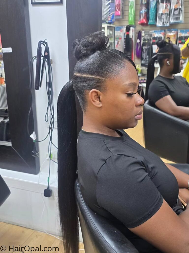 Sleek black hair styled in a bun and ponytail combo