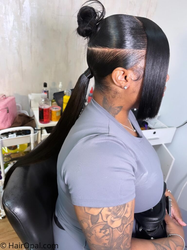 Woman with a half bun half ponytail hairstyle combo