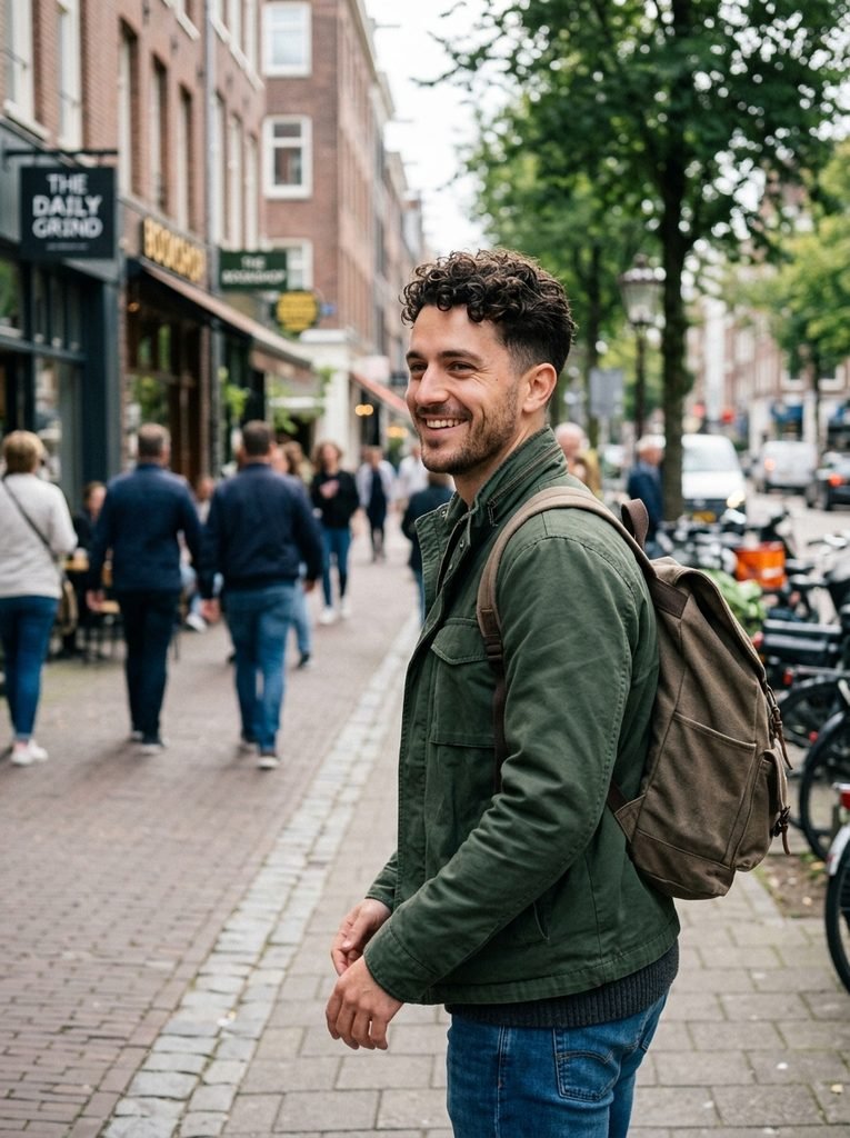 Man with a low maintenance tapered curly crop looking over his shoulder