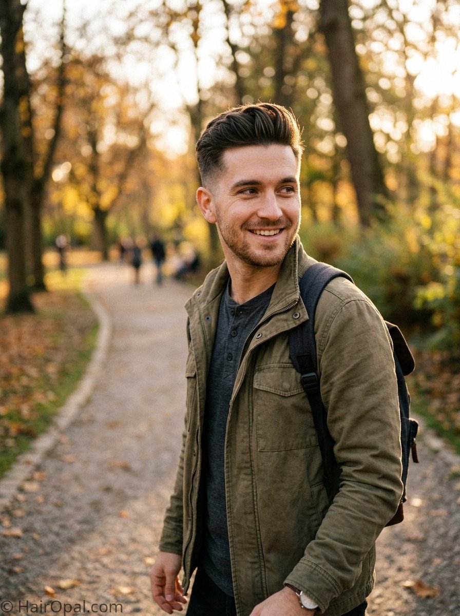 Man with a low maintenance long on top haircut looking over his shoulder