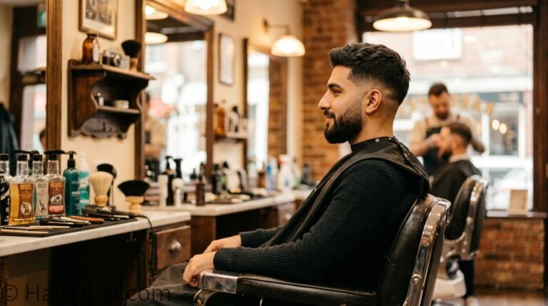 Man with a freshly cut textured fade haircut in a barbershop chair