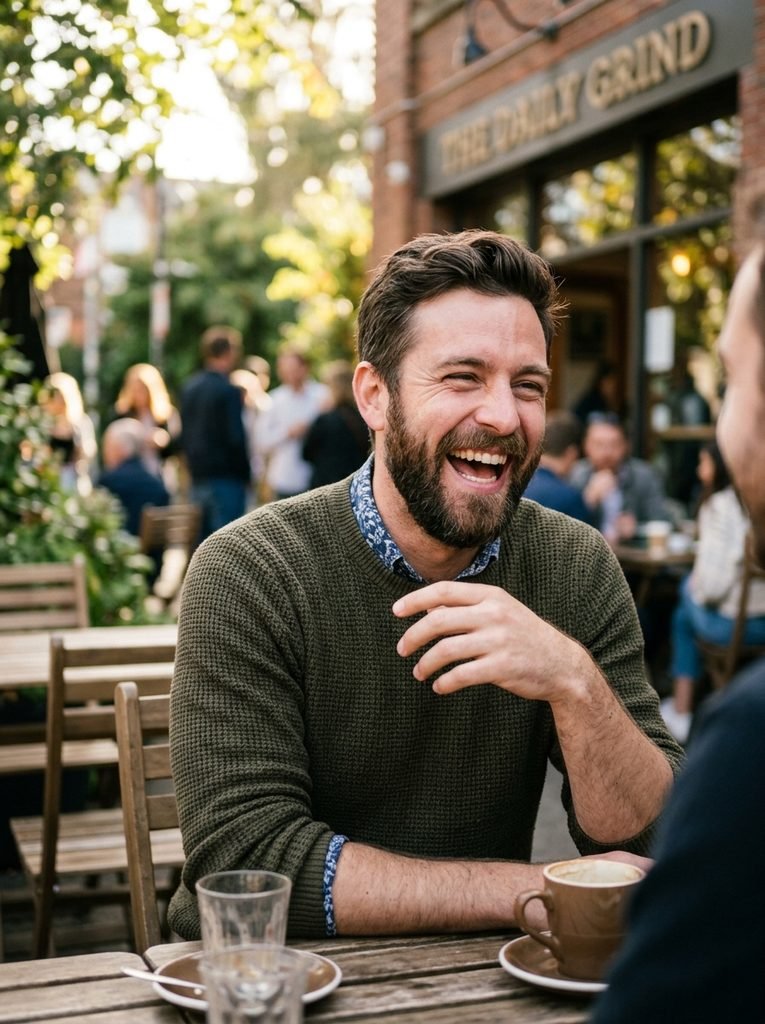 Man with a short low maintenance haircut and groomed beard laughing