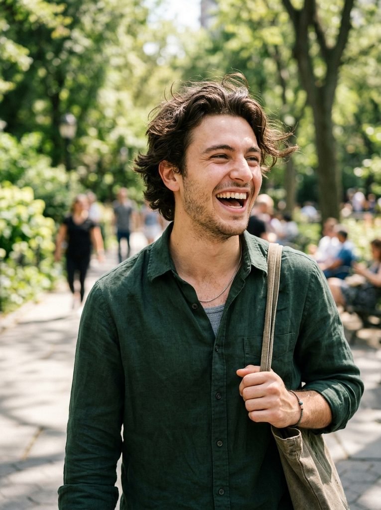Man with a textured wavy low maintenance haircut laughing outdoors