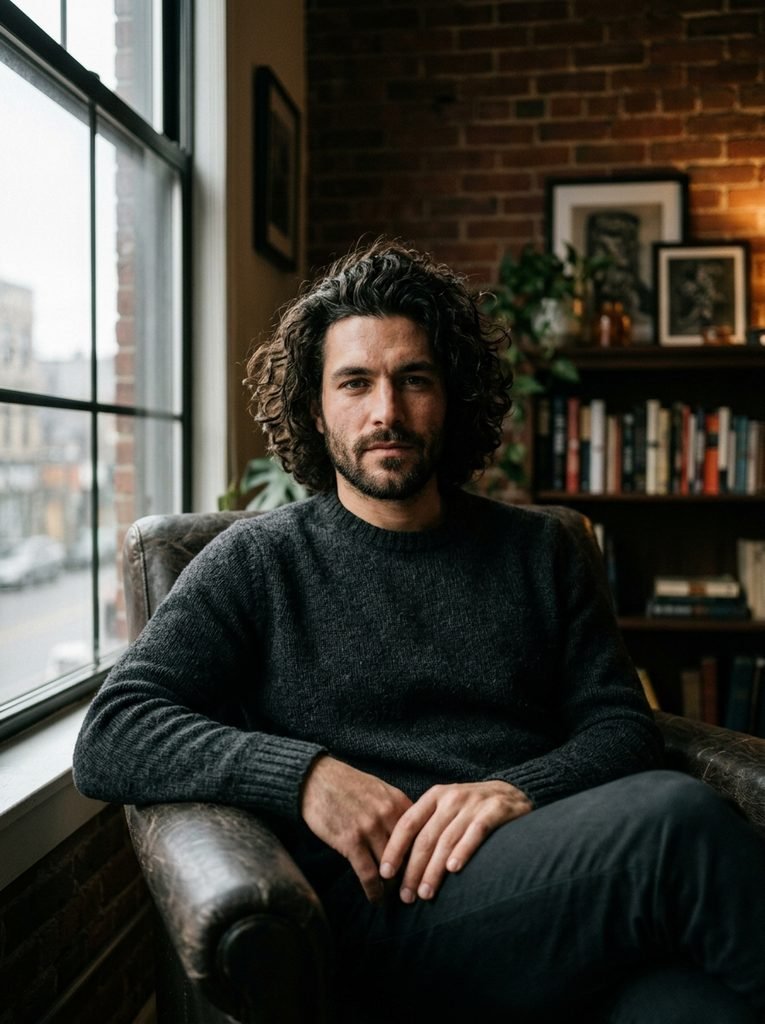 Long curly hairstyle pushed back