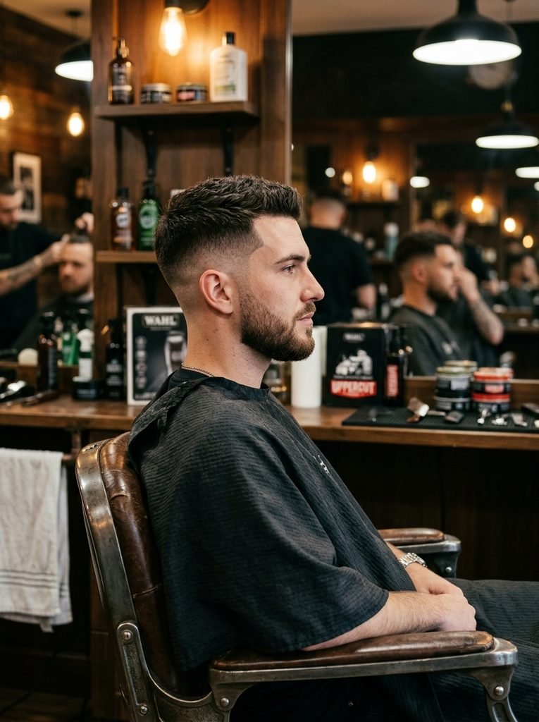 Low fade haircut on a man in a barbershop chair