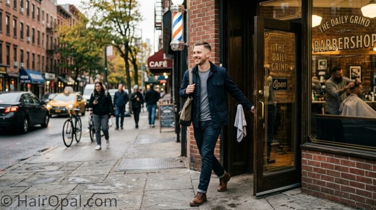 Man with a fresh low maintenance haircut stepping out of a barbershop