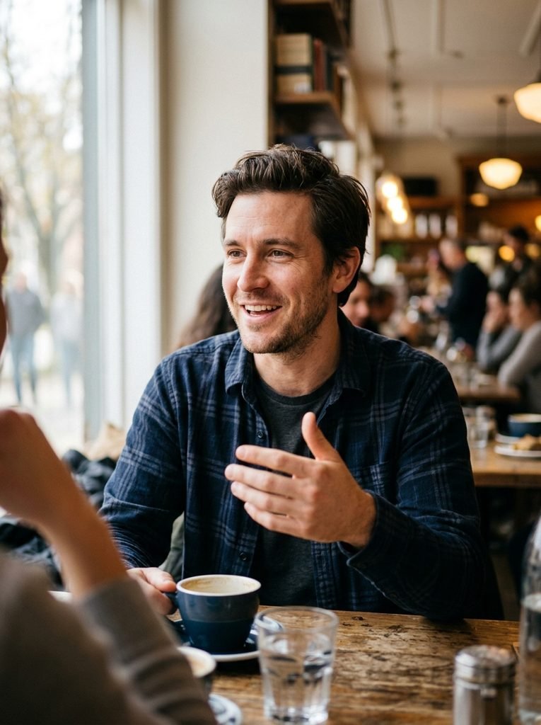 Man with a simple medium low maintenance haircut indoors