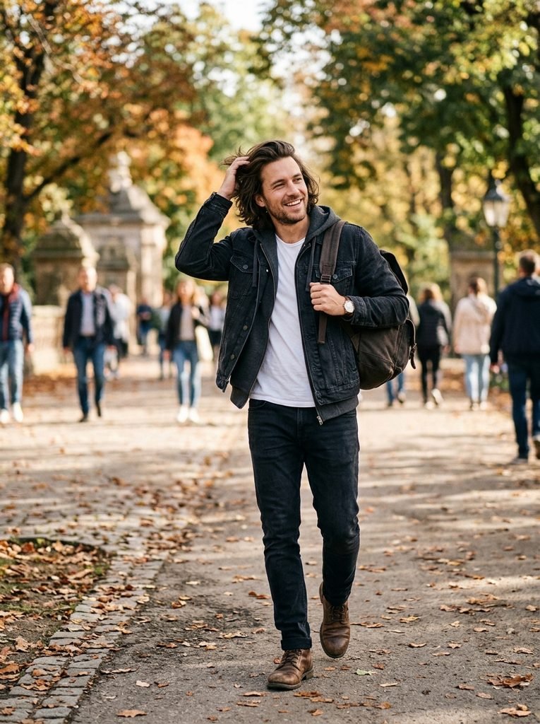 Man with naturally pushed back long hair walking outdoors