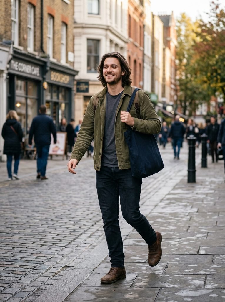 Man with a medium length low maintenance haircut mid stride outdoors