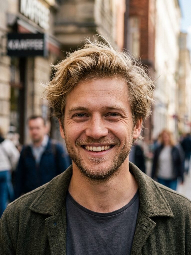 Man with a textured low maintenance haircut on blonde hair