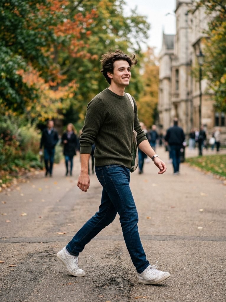 Man with a wavy low maintenance crop haircut caught mid stride