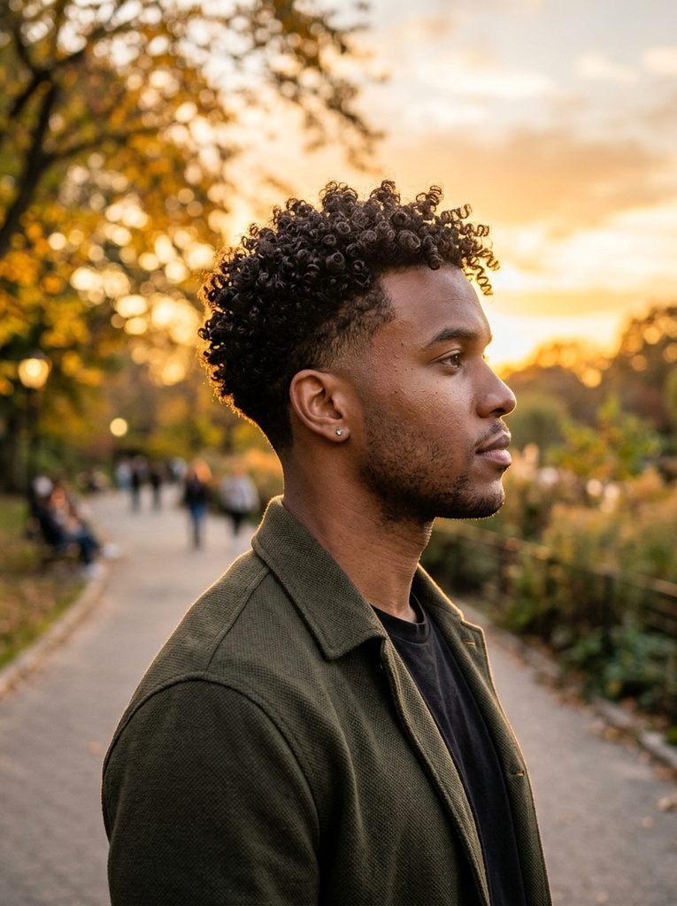 3B curl pattern haircut with tapered sides