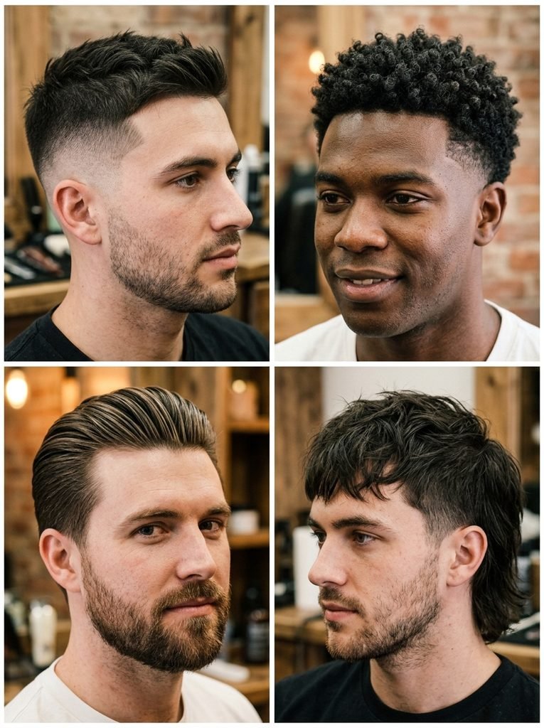 Collage of four men showing different haircut styles including fade, curly crop, long on top and mullet