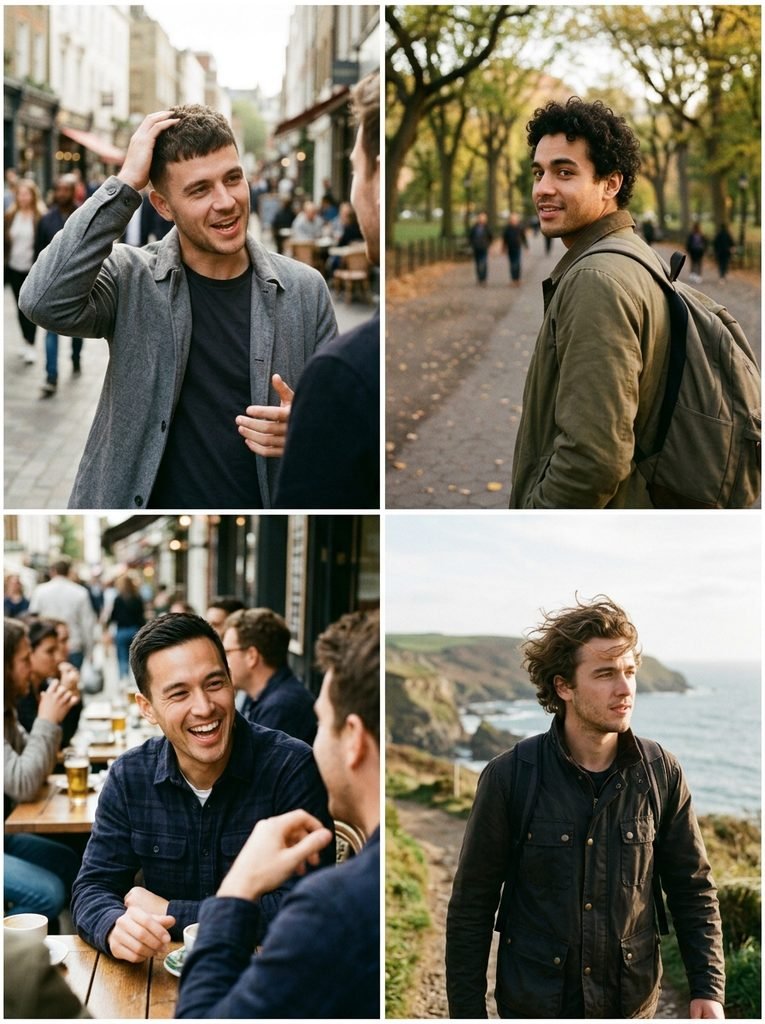Collage of four men with different low maintenance haircut styles caught in candid moments