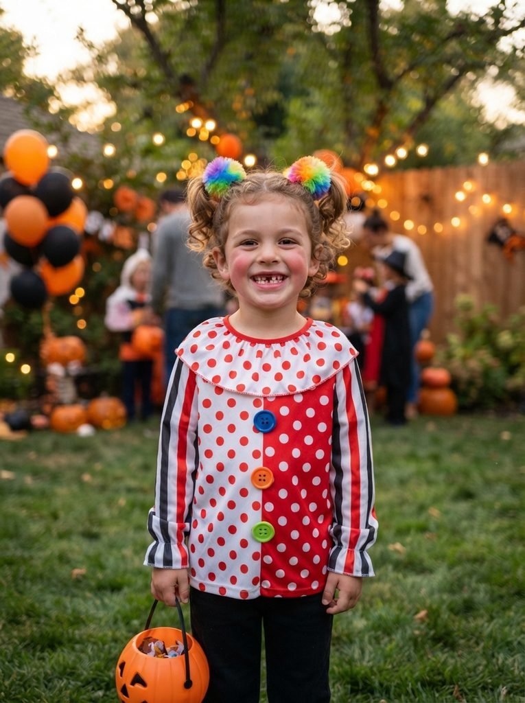 Child with two small curly pigtails tied with rainbow pom-pom hair ties for a clown costume