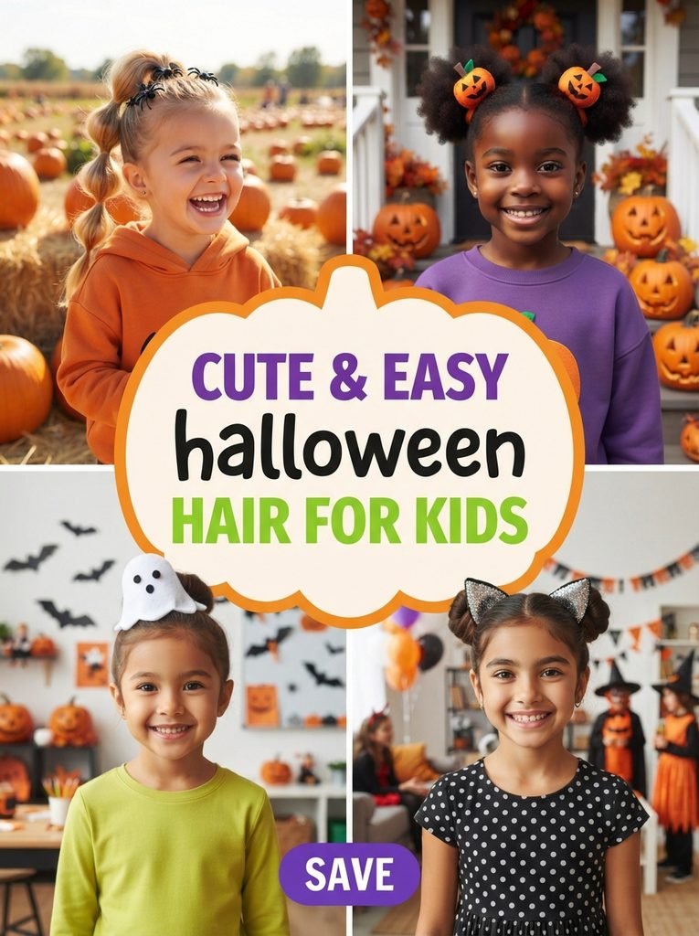 Collage of four kids with Halloween hairstyles including a spider bubble ponytail, pumpkin puffs, a ghost bun and glitter cat ear buns