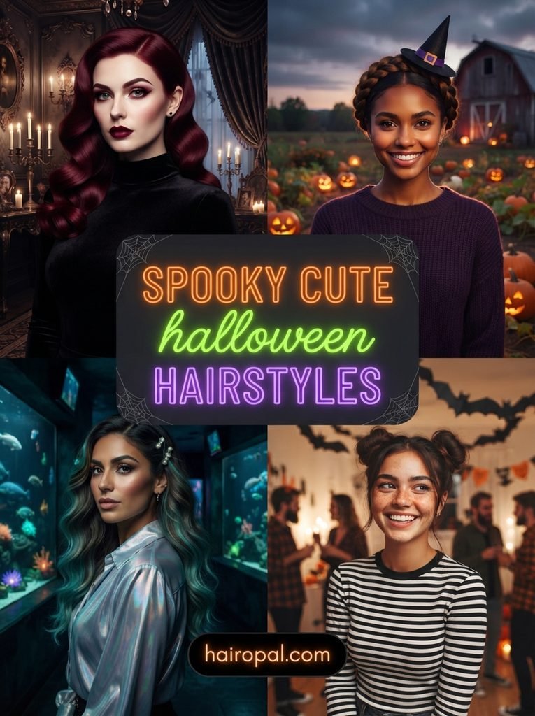 Collage of four women with Halloween hairstyles including vampire waves, a witch braided crown, mermaid streaks and cat ear space buns