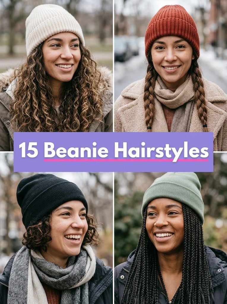Collage of beanie hairstyles with text 15 beanie hairstyles