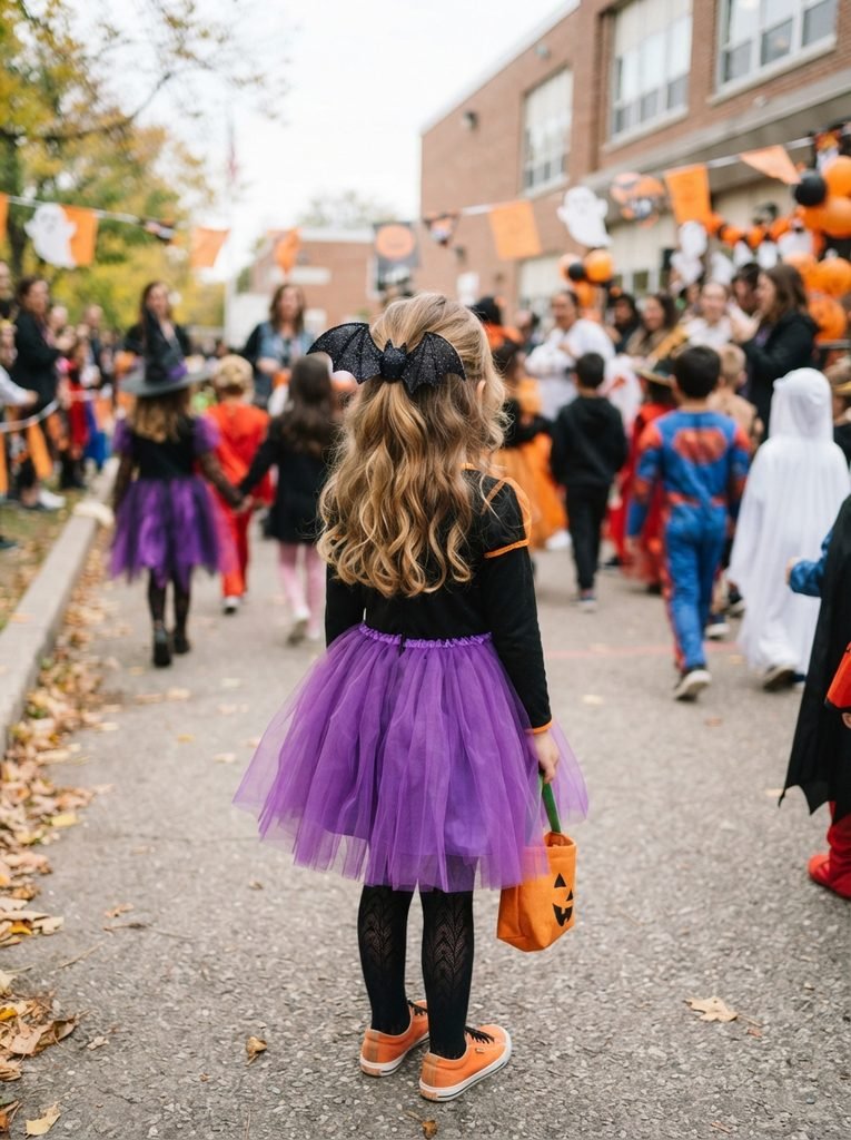 Girl with a half-up hairstyle and a big black bat-shaped bow