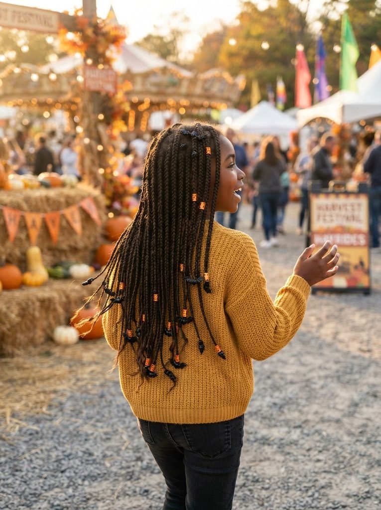  Girl with long box braids decorated with black bat beads and orange cuffs
